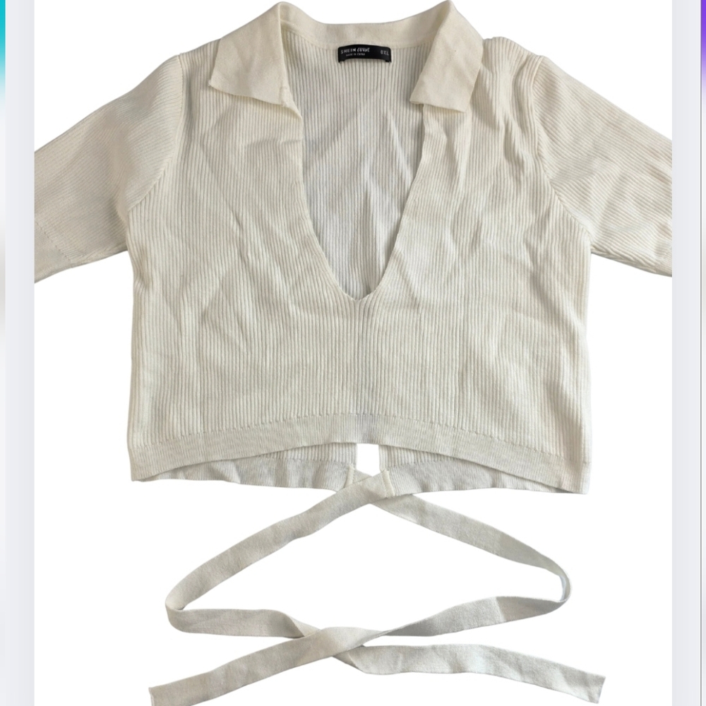 SHEIN 0X White Ribbed Crop Top with Tie Detail 1902-n
